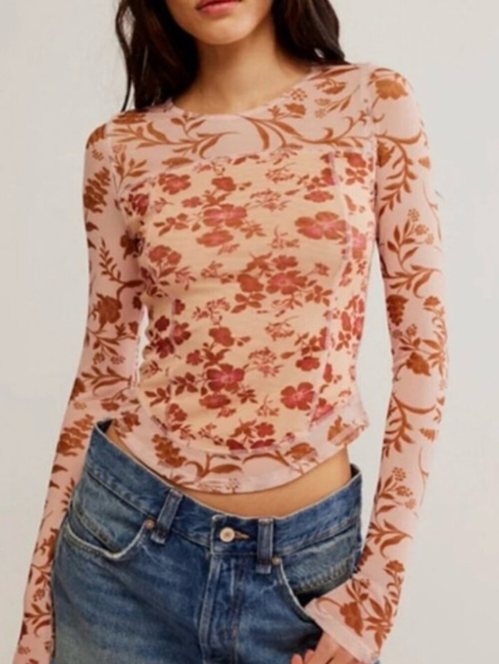 Free People Pink Floral Long Sleeve Tee